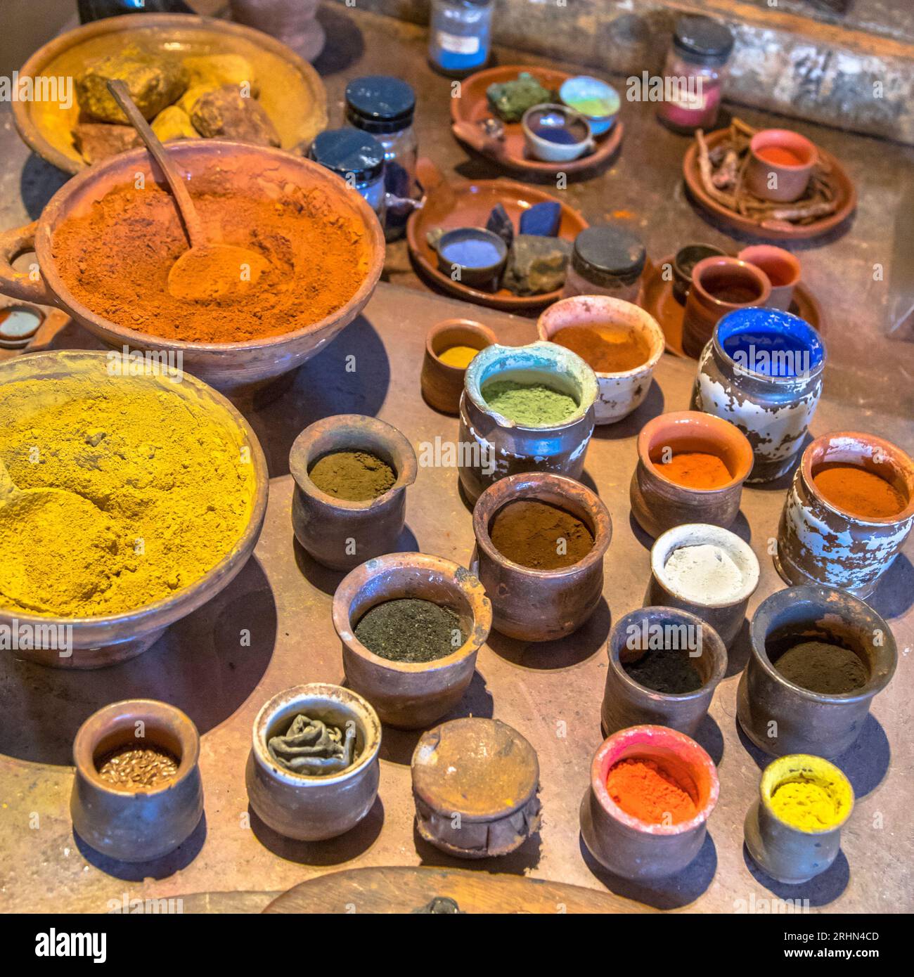 Pigments powders for oil paints like they were made by dutch master painters in golden age 17th century in Amsterdam Stock Photo