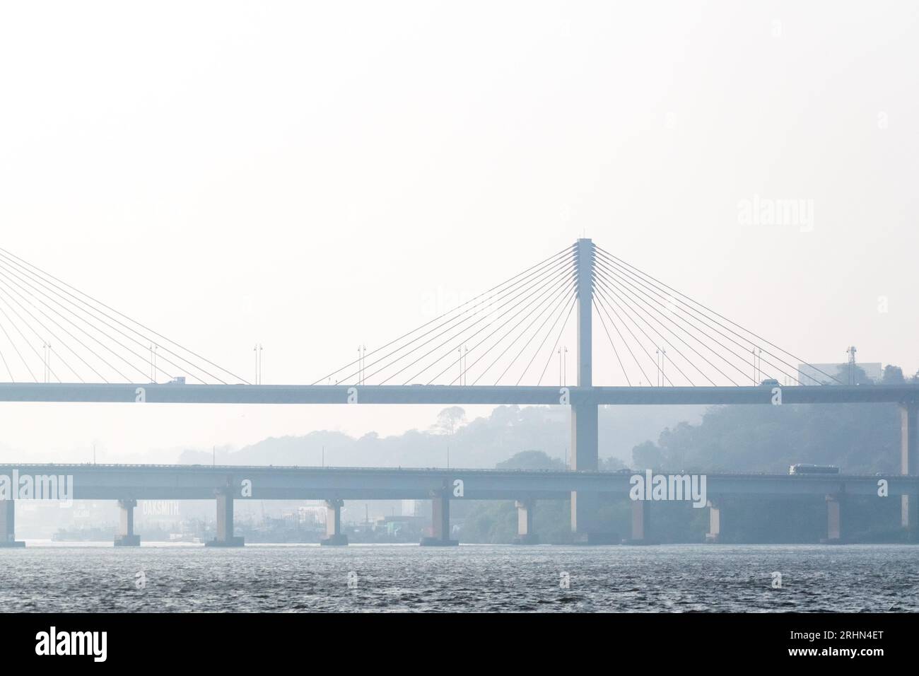 The cable stayed Atal Setu bridge rising above the Mandovi river in the