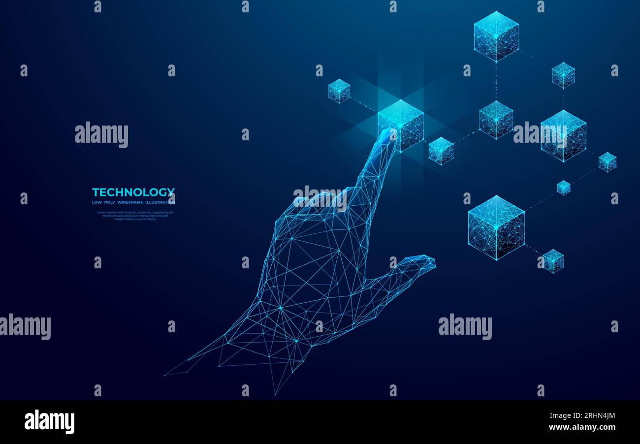 Hand touching on blockchain. Human finger clicks on linked cubes. Stock Vector