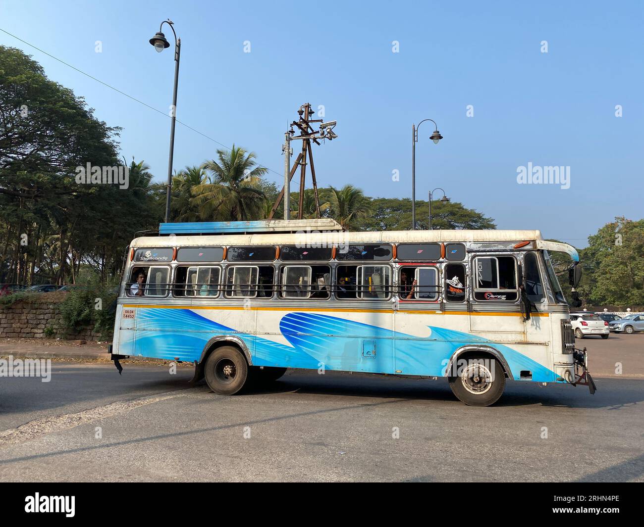 Old Goa, Goa, India - January 2023: A Goa State Transport bus transporting passengers on a street in Old Goa. Stock Photo