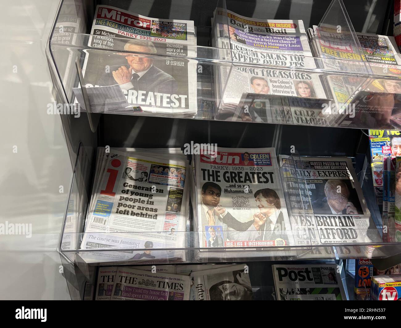 A news stand in Derby, England with a variety of different Newspapers showing tributes to Sir Michael Parkinson who dies on 16th August 2023 aged 88 Stock Photo