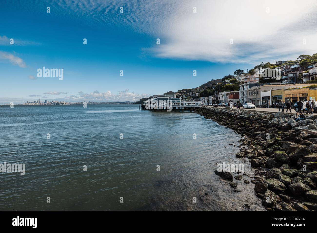 People walking by waterfront in Sausalito California Stock Photo