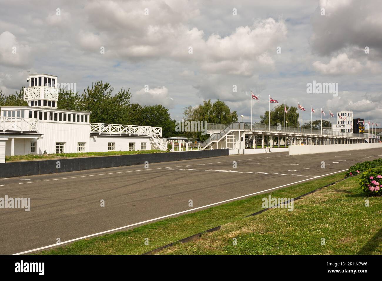 Start / Finish straight with pits buildings at Goodwood Motor Racing