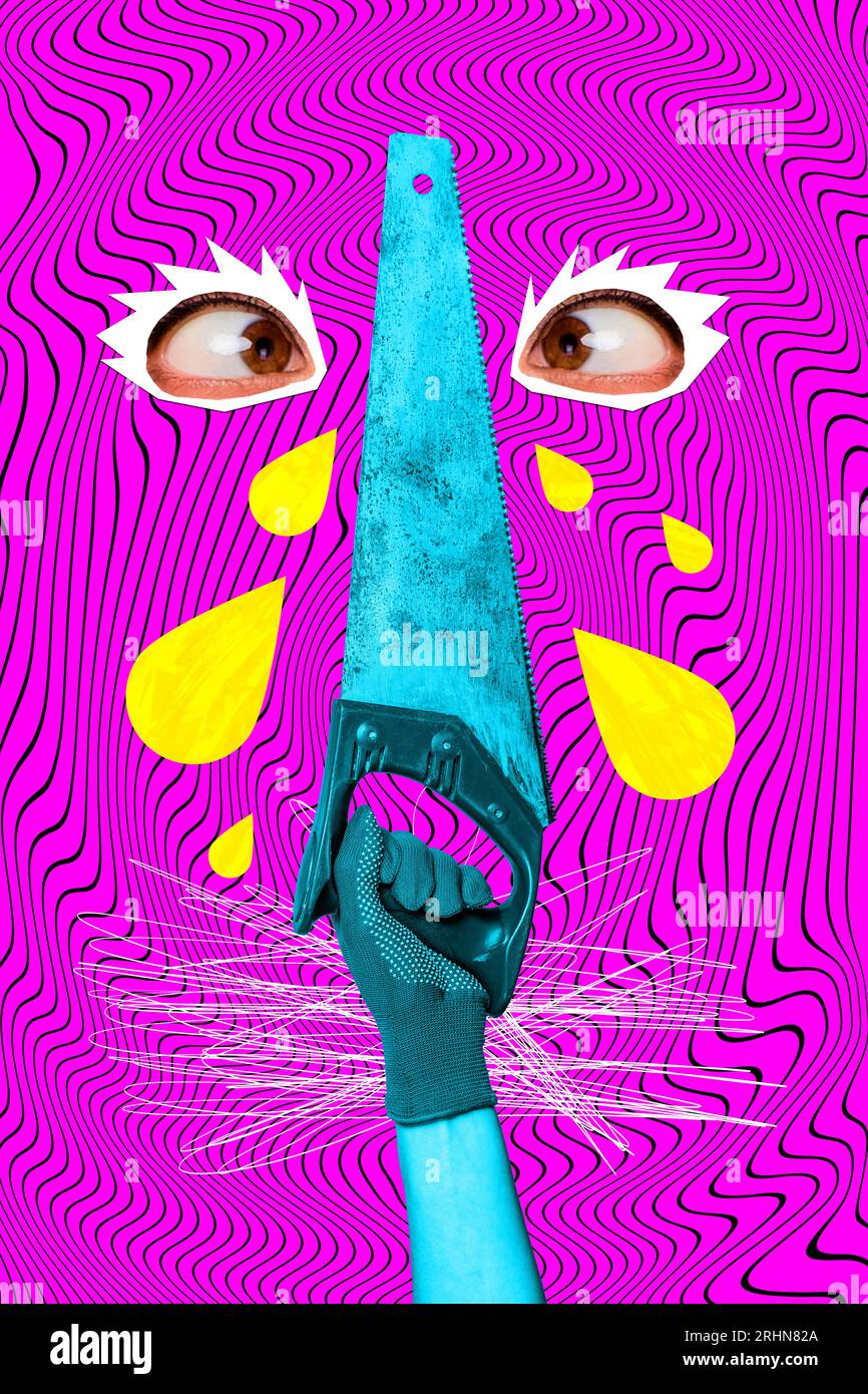 Poster collage artwork of human arm hold tool for cutting wood materials threatens people isolated on colorful filter drawing background Stock Photo