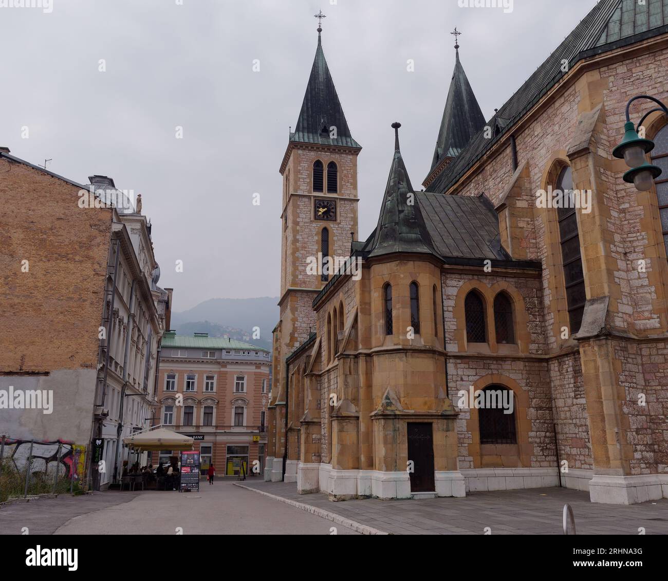 Sacred Heart Cathedral Church and surrounding buildings in the city Sarajevo, Bosnia and Herzegovina, August 18,2023. Stock Photo