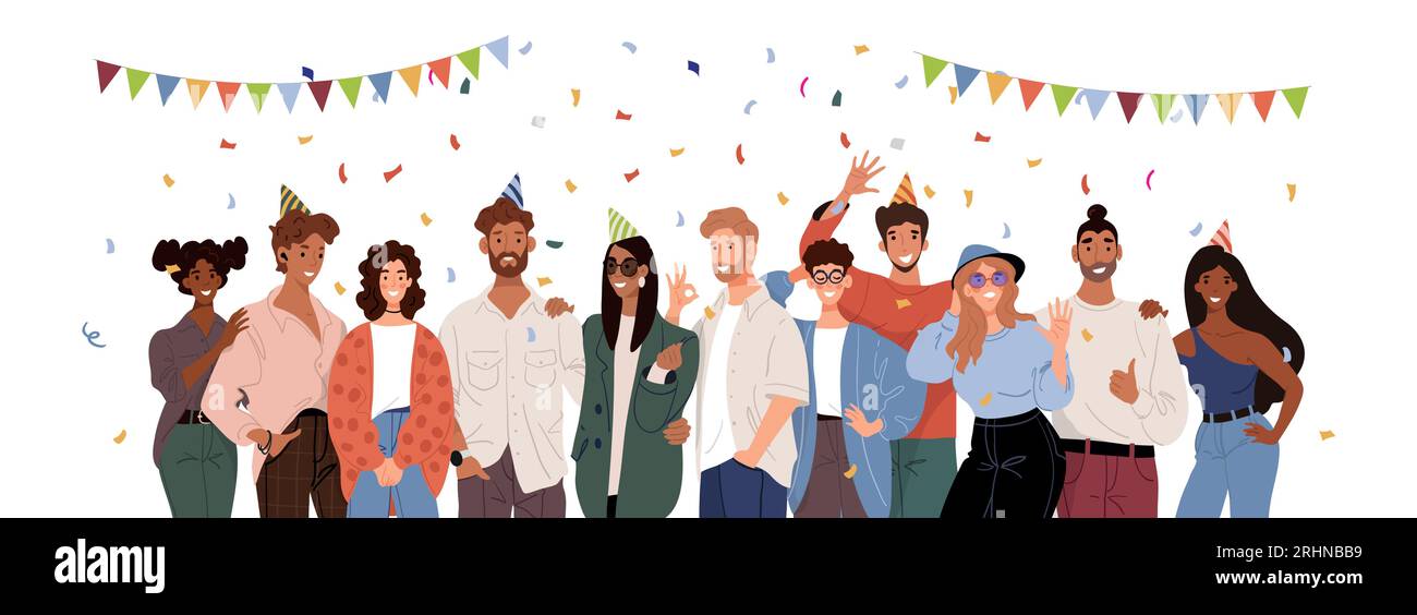 A multinational group of men and women celebrate the event with party hats, confetti and garlands. Festive team of friends, cooperation and colaborati Stock Vector