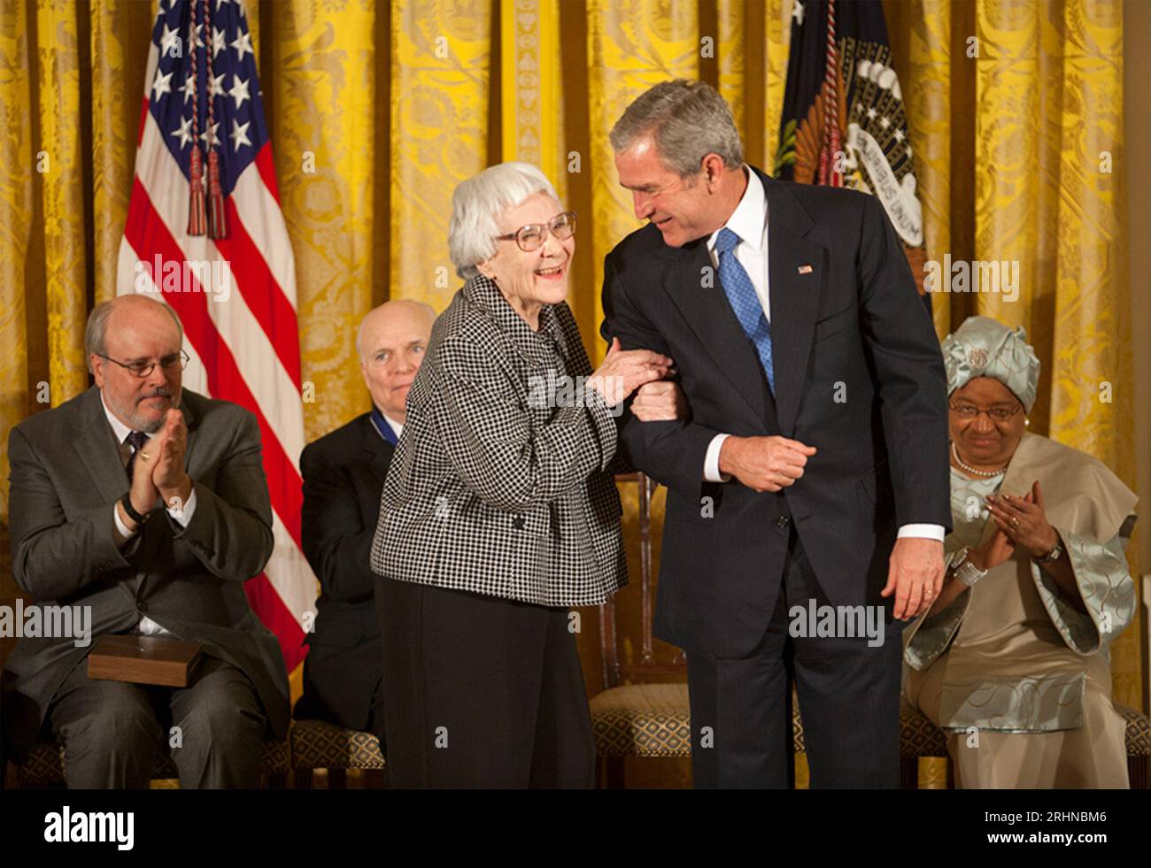 HARPER LEE (1926-2016) The American novelist being awarded the Presidential Medal of Freedom by President George Bush, 5 November 2007 Stock Photo