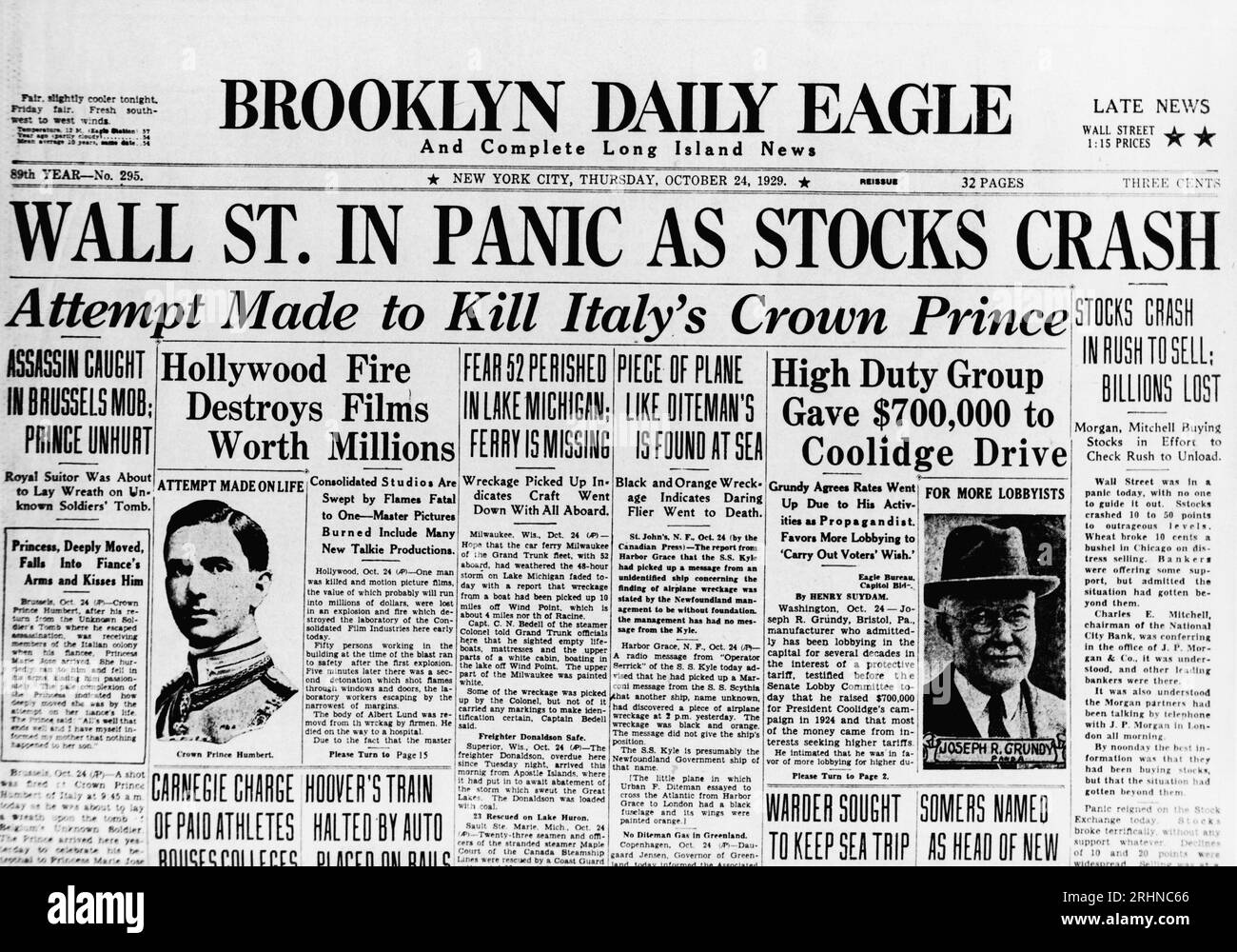 The Brooklyn Daily Eagle Front Page from October 24th, 1929: Stocks Crash - Great Depression. Museum: PRIVATE COLLECTION. Author: Historic Object. Stock Photo