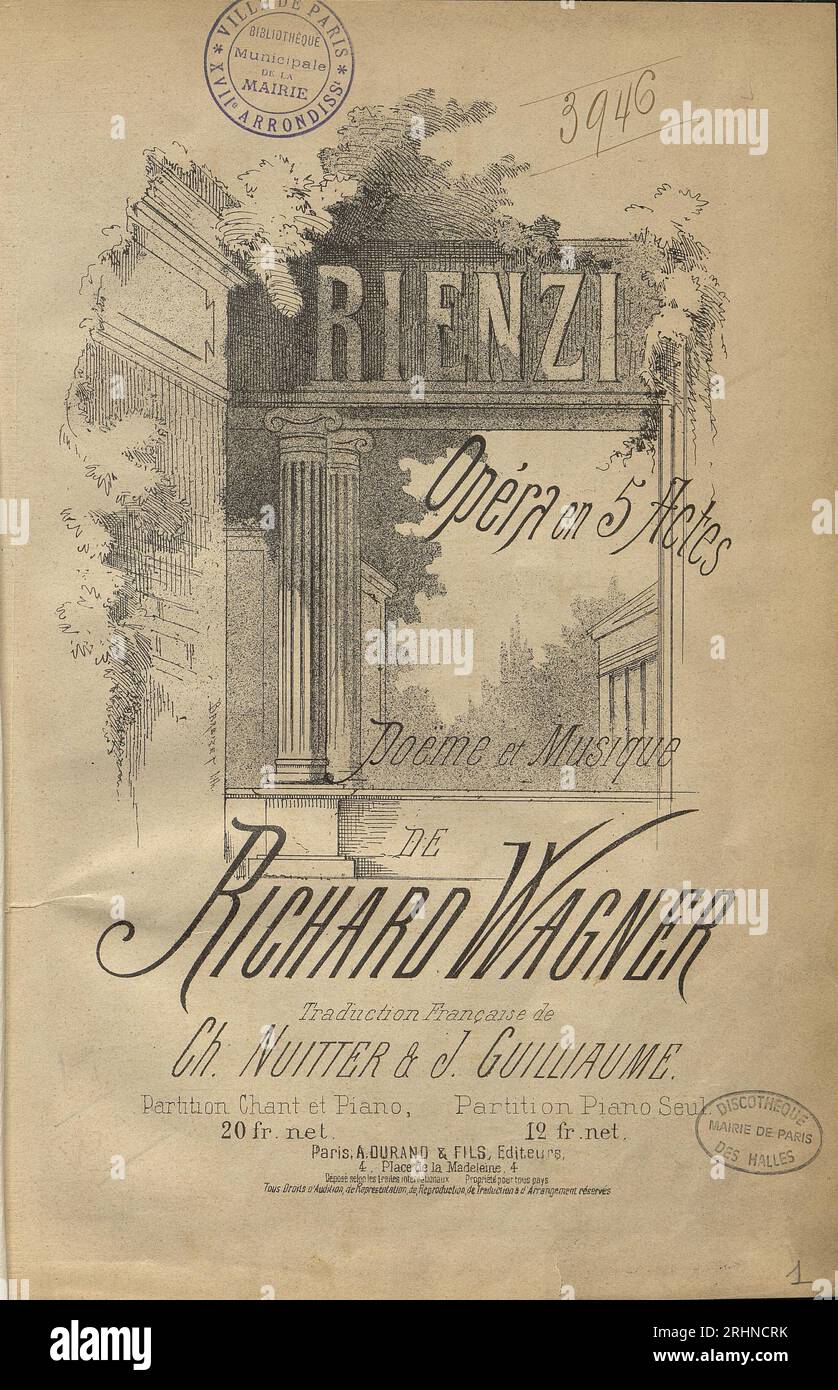 Cover of the vocal score of opera 'Rienzi, the last of the tribunes' by Richard Wagner. Museum: PRIVATE COLLECTION. Author: ANONYMOUS. Stock Photo