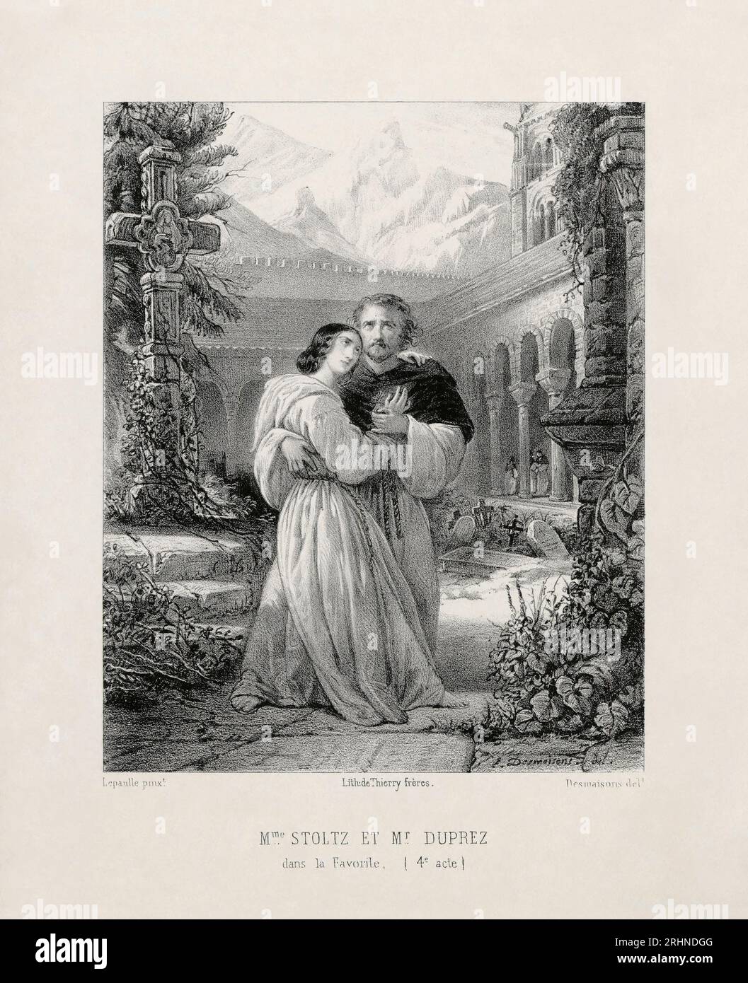 Gilbert Duprez und Rosine Stoltz as Fernand and Léonor in the Opera La favorite by Gaetano Donizetti at the Paris Opera. Museum: PRIVATE COLLECTION. Author: EMILE DESMAISONS. Stock Photo