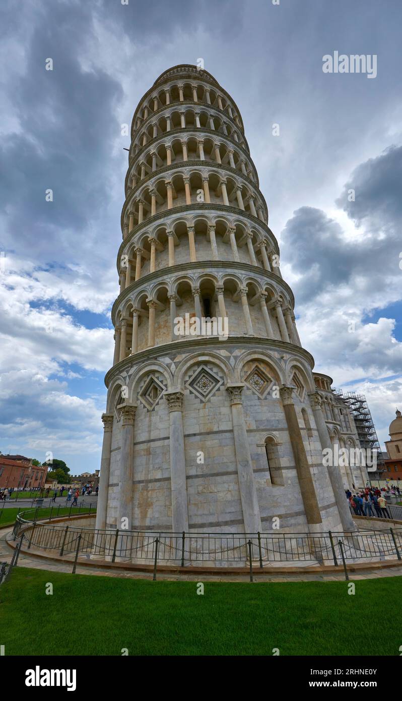 View on the Leaning Tower at Piazza dei Miracoli in Pisa Stock Photo