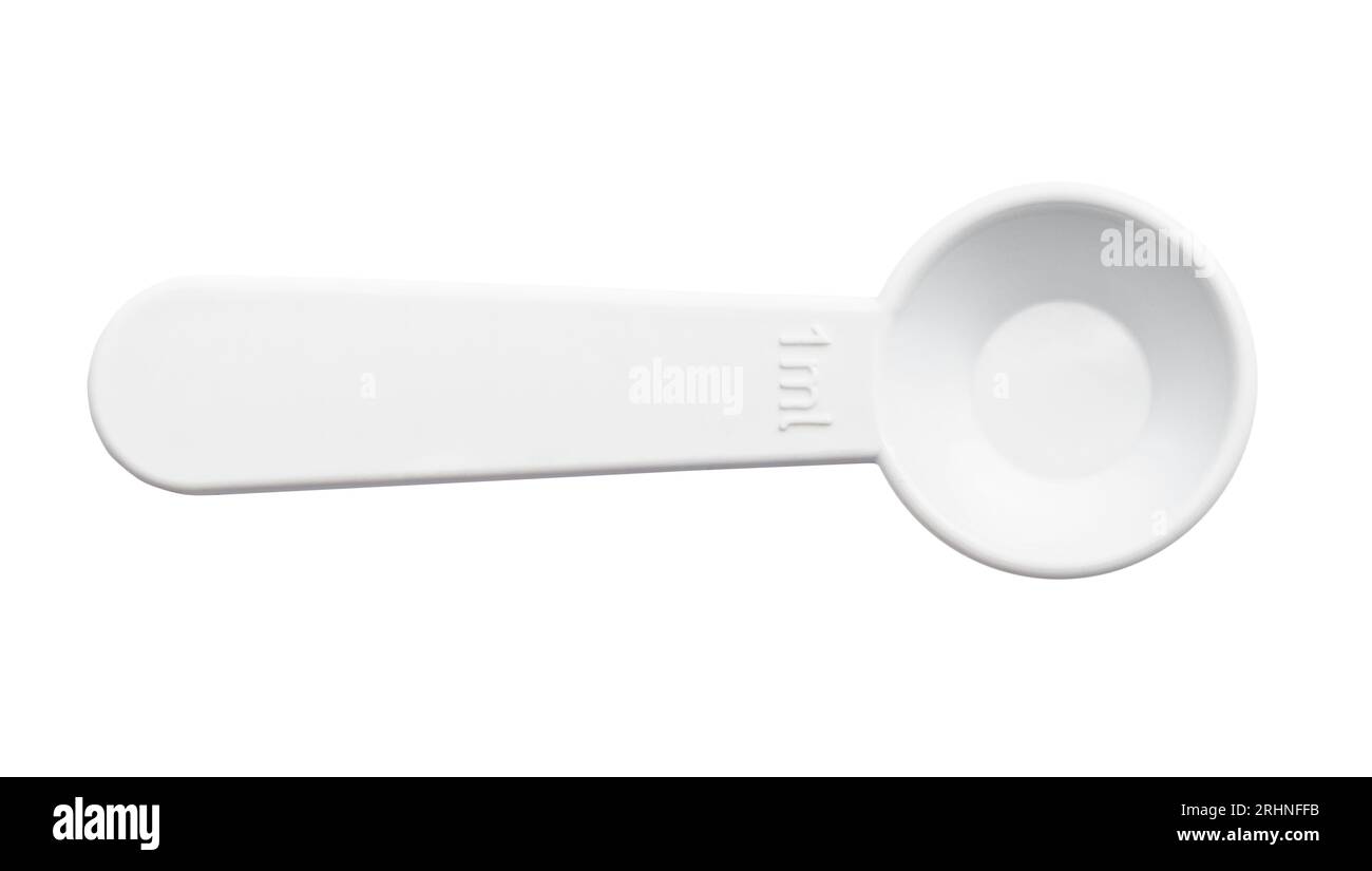 top view of white plastic measuring spoon for 1 ml of volume cutout on