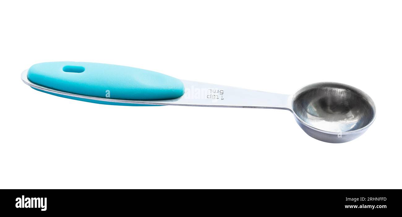 steel measuring tea spoon for 5 ml of volume with blue plastic handle cutout on white background