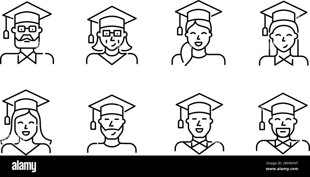 University graduates diversity. People of older and younger age in mortarboard and gown. Pixel perfect set Stock Vector