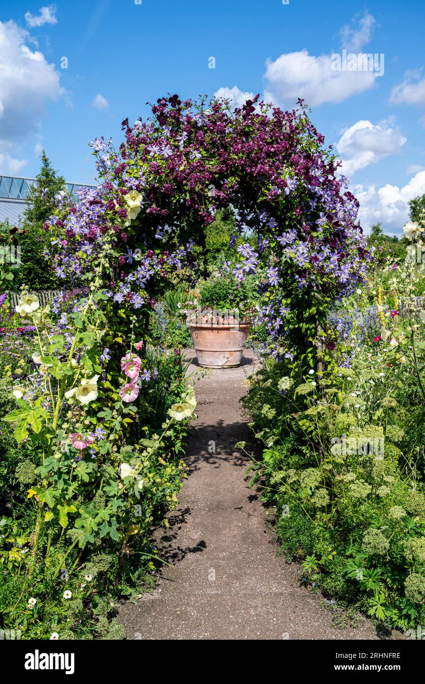 The cottage garden at RHS Hyde Hall, featuring an arch smothered with a flowering clematis. Stock Photo