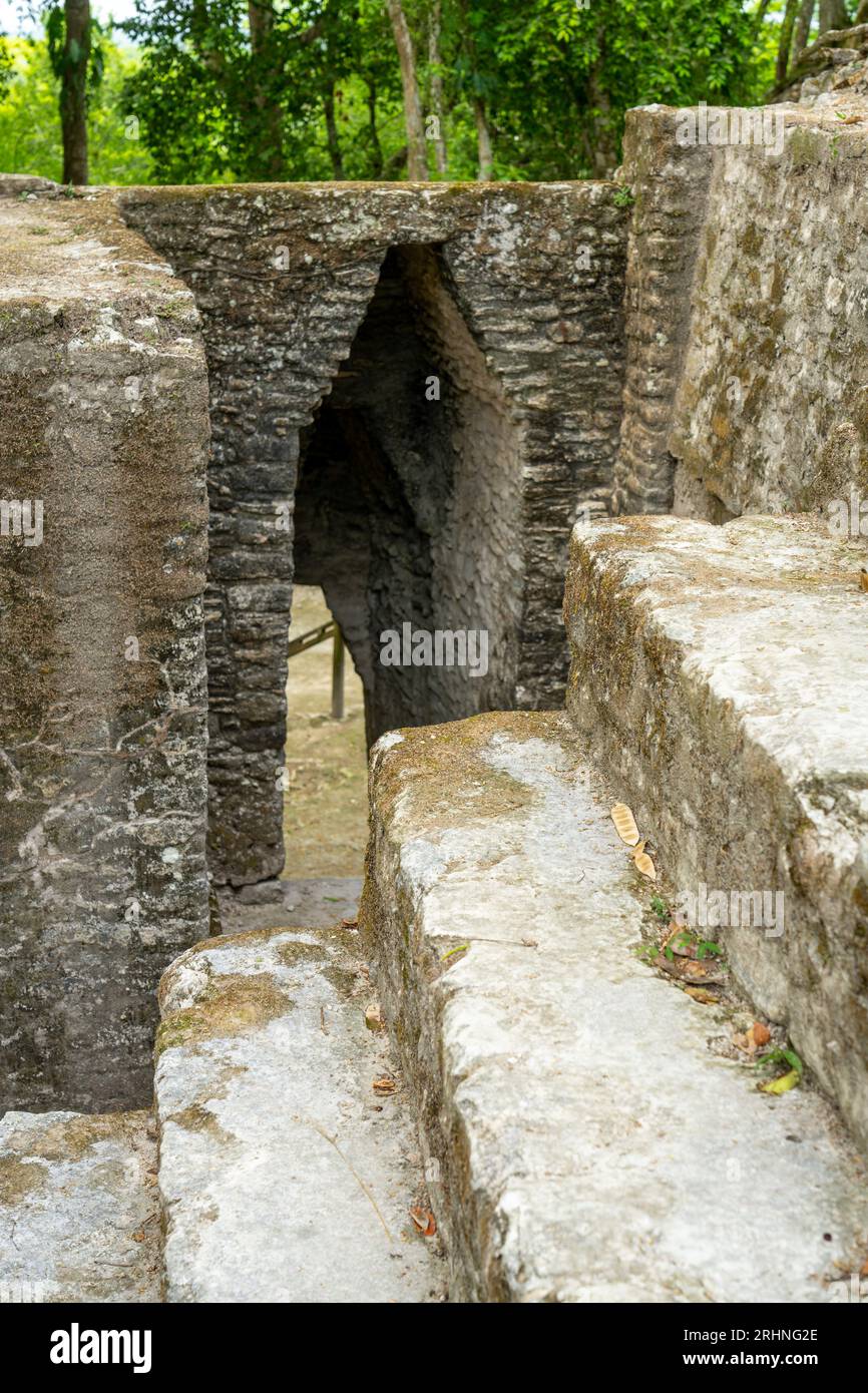 A corbel arch passageway through Structure A6 to Plaza F in the Mayan