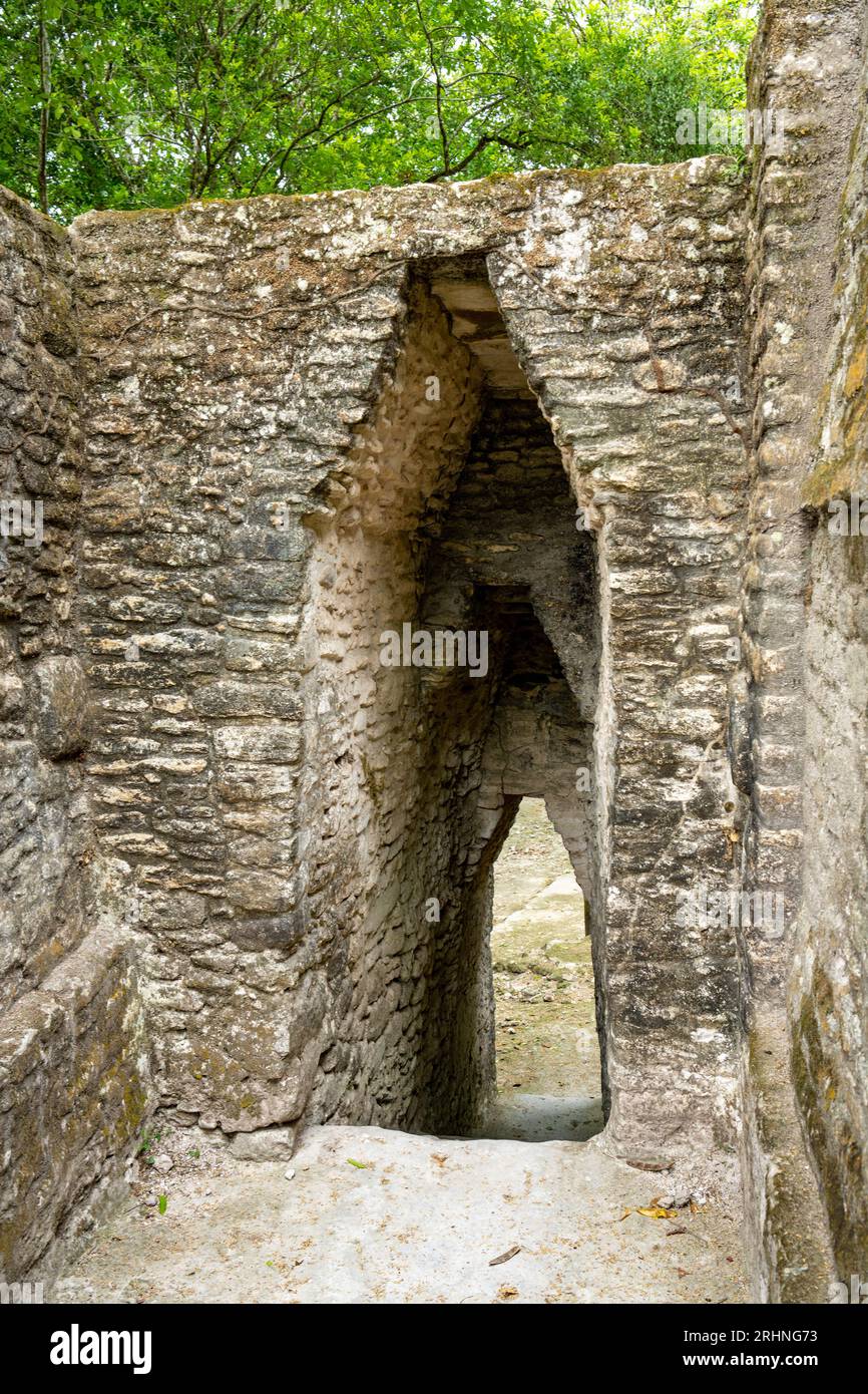 A corbel arch passageway through Structure A6 to Plaza F in the Mayan