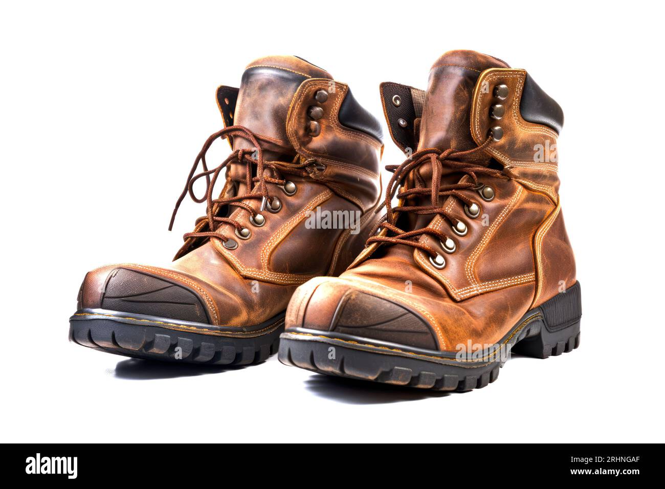 working boots, steel toecap workman's boots cut out, work boots isolated on a white background. Stock Photo