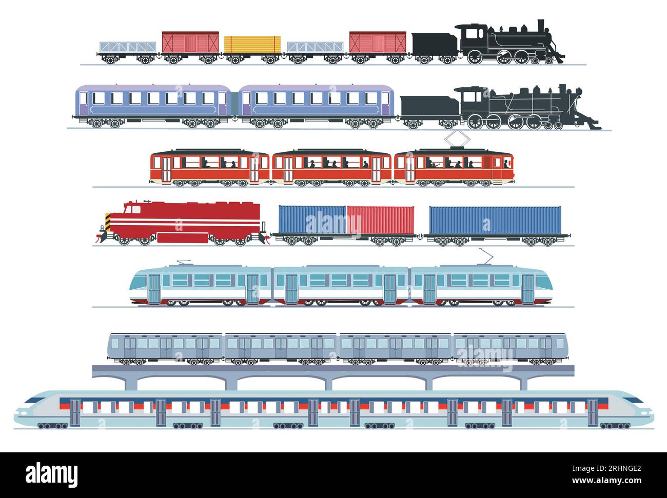 Set of railways and express trains, trams, illustration Stock Vector