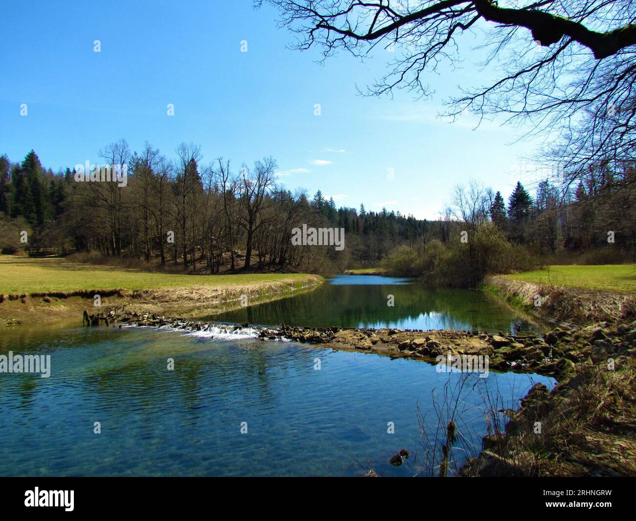 Scenic river Rak in Rakov Skocjan Notranjska, Slovenia with a meadow on one side and a forest on the other and a reflection of the trees in the river Stock Photo