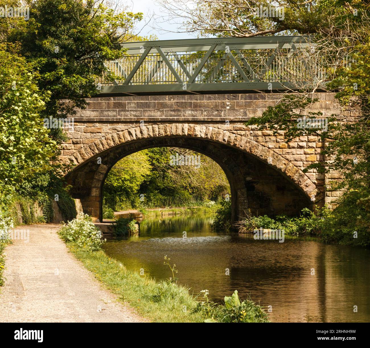 Lancaster Canal at Carnforth along the tow path on a summer day. Stock Photo