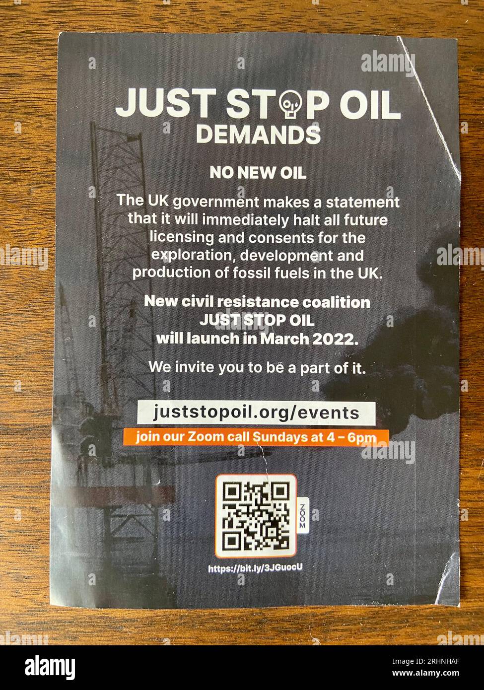 just stop oil demand leaflet demanding no new oil, distributed in