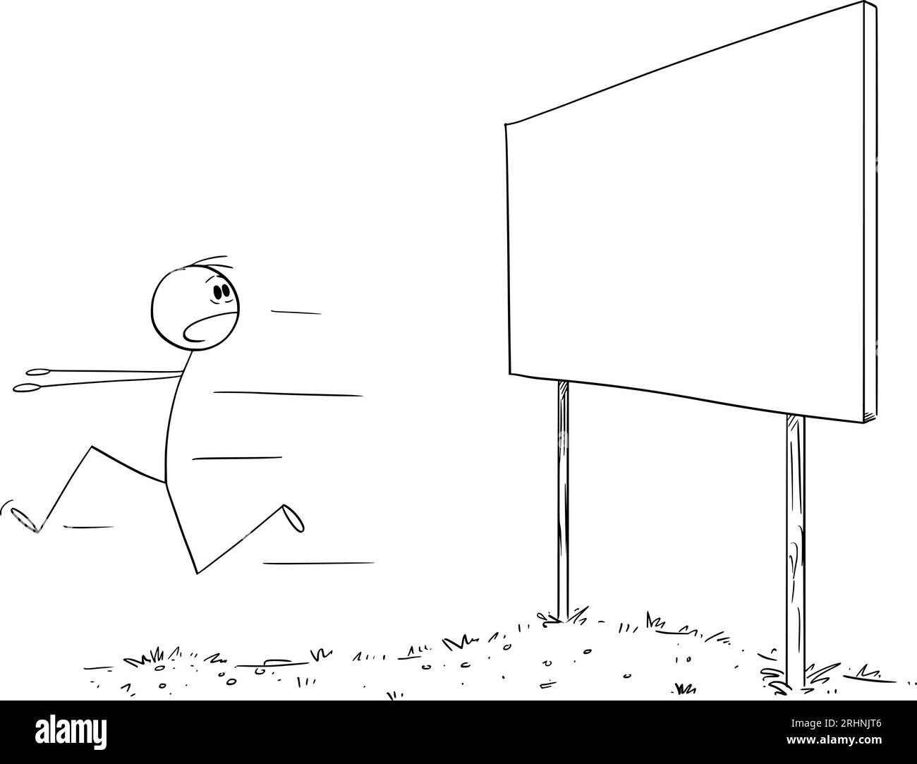Shocked Person Running Away from Billboard or Sign, Vector Cartoon Stick Figure Illustration Stock Vector