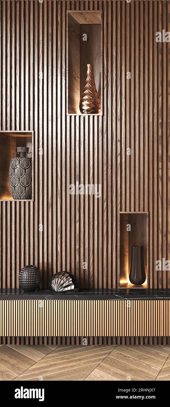 Classic expensive luxury panels wall with commode and shelves with