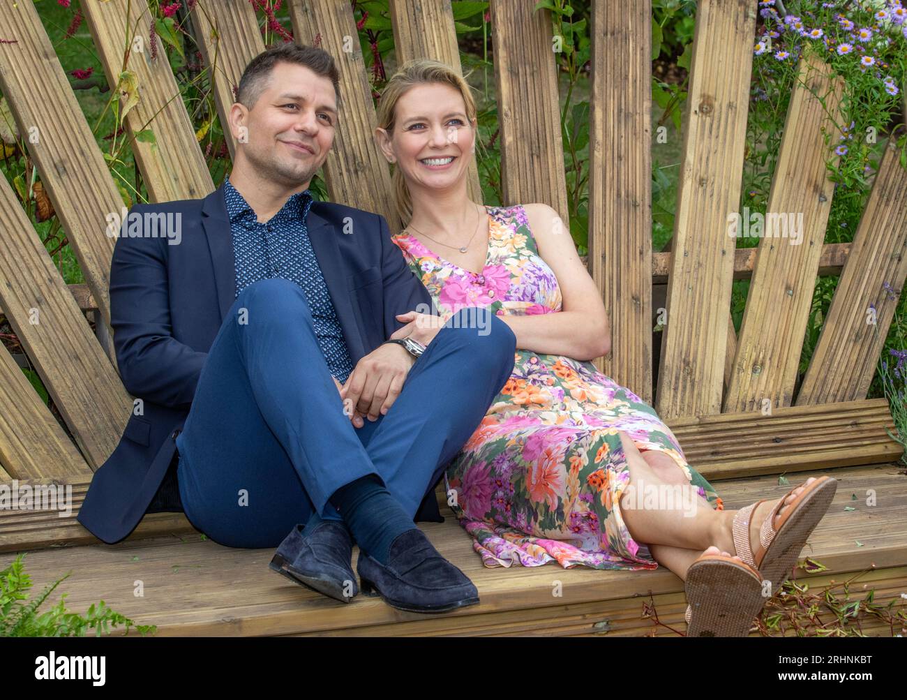 Southport, Merseyside.  18 Aug 2023, UK Entertainment.   Rachel Riley with husband Pasha Kovalev at Southport Flower Show. Credit MediaWorldImages/AlamyLiveNews Stock Photo