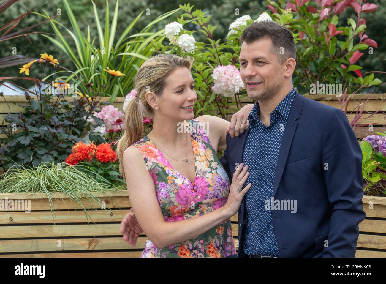 Southport, Merseyside.  18 Aug 2023, UK Entertainment.   Rachel Riley with husband Pasha Kovalev at Southport Flower Show. Credit MediaWorldImages/AlamyLiveNews Stock Photo
