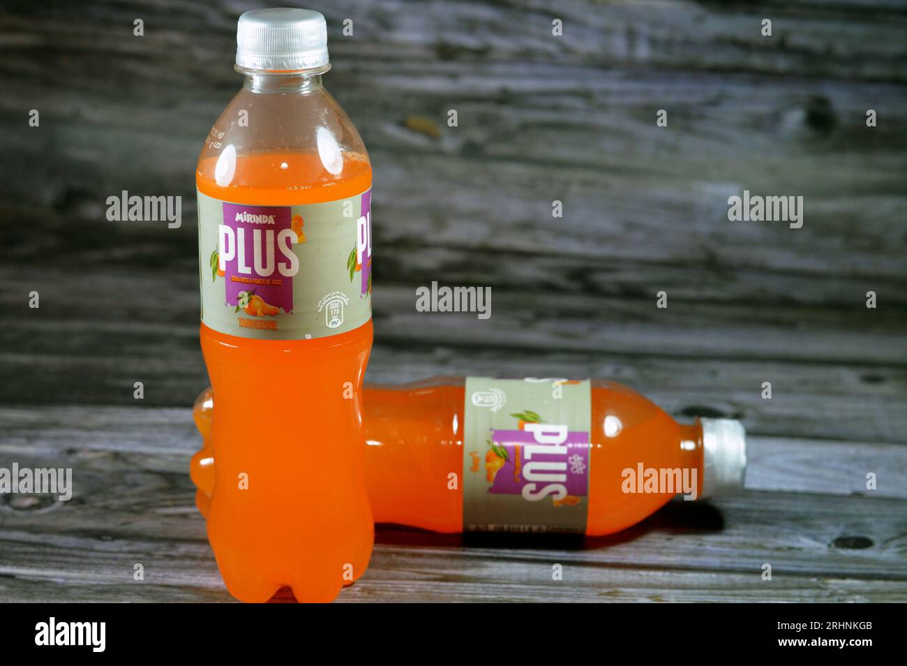 Cairo, Egypt, July 29 2023 Mirinda Plus tangerine soda with a punch of