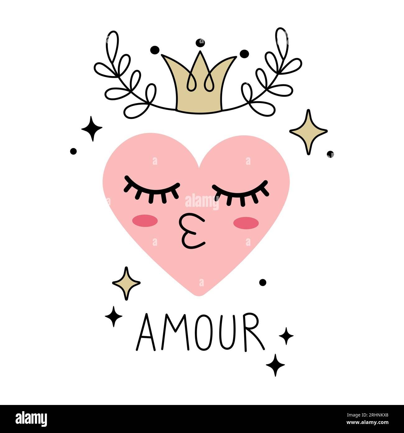 Cute Heart character with crown and AMOUR lettering. isolated on white