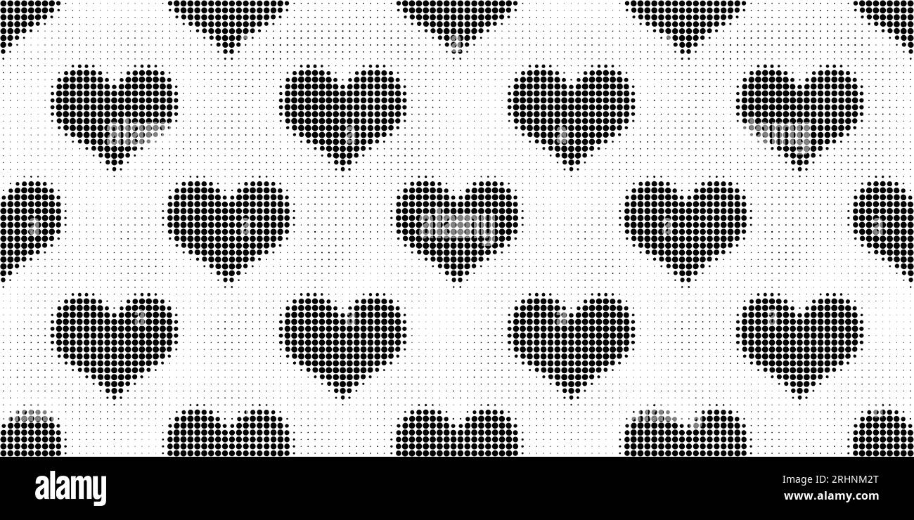 Seamless vintage halftone hearts dot pattern background. Tileable grunge black and white printer ink raster dots texture overlay. Retro comic book or Stock Photo