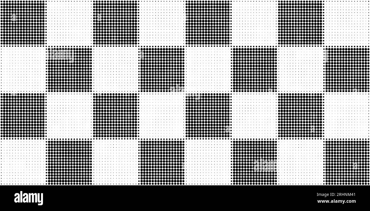 Seamless vintage halftone checker or chessboard square tiles dot pattern background. Tileable grunge black and white printer ink raster dots texture o Stock Photo