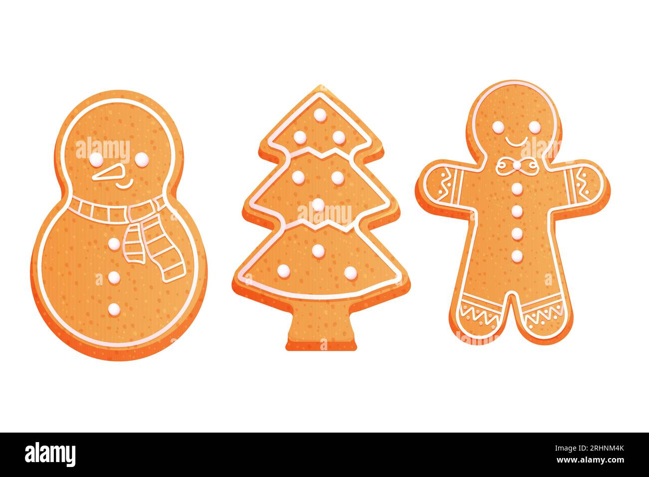 Set Gingerbread man, cute snowman and christmas tree with icing decoration, seasonal dessert, cookies in cartoon style isolated on white background. Vector illustration Stock Vector