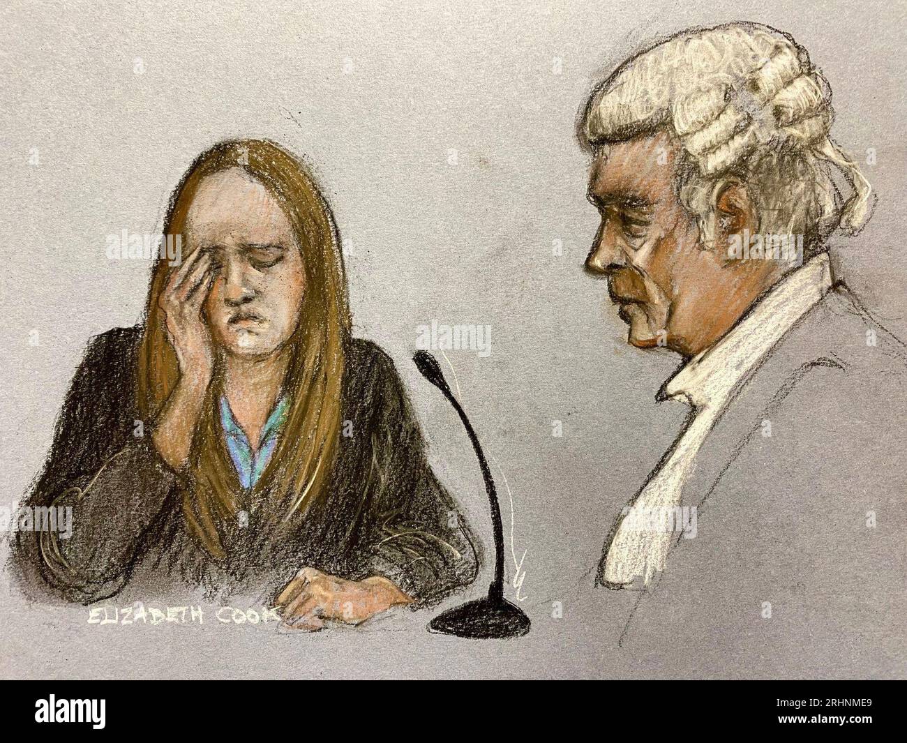 File court artist sketch by Elizabeth Cook dated 17/05/23 of Lucy Letby reacting to the final questions from her barrister Ben Myers, as she appears in the dock at Manchester Crown Court where she is charged with the murder of seven babies and the attempted murder of another ten, between June 2015 and June 2016 while working on the neonatal unit of the Countess of Chester Hospital. Nurse Lucy Letby, 33, has been found guilty at Manchester Crown Court of the murders of seven babies and the attempted murders of six others at the Countess of Chester Hospital. Issue date: Friday August 18, 2023. Stock Photo