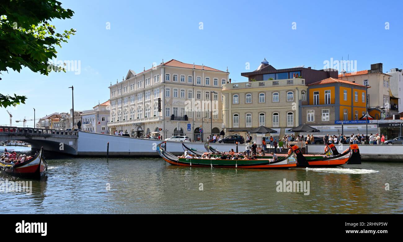 City Center of Aveiro dock with traditional tourist tour boats, Moliceiros, Portugal Stock Photo