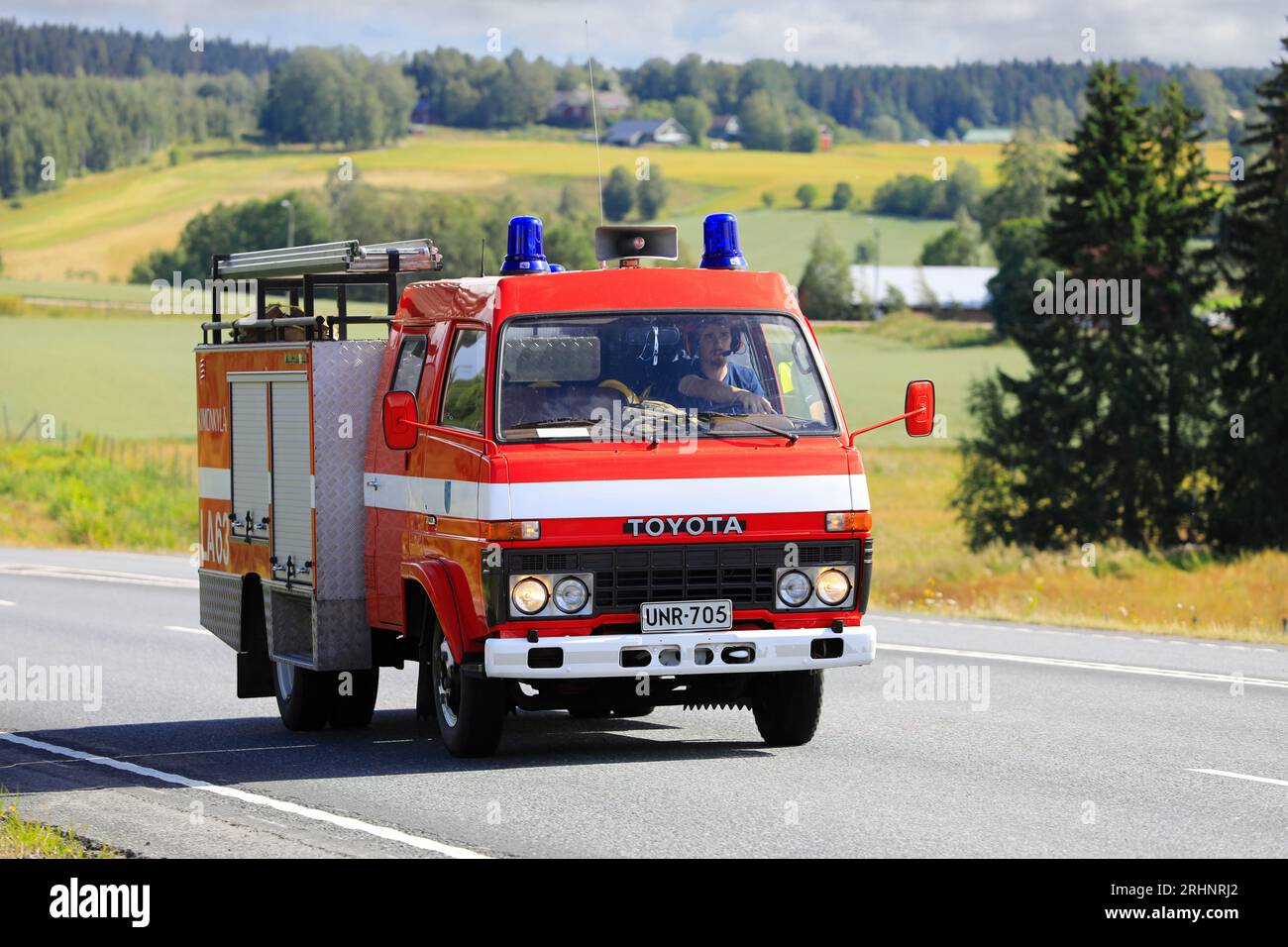 Classic Toyota Dyna fire truck of U20/Y20 series, which were manufactured in China 1977–1984. Pirkanmaa, Finland. August 10, 2023. Stock Photo