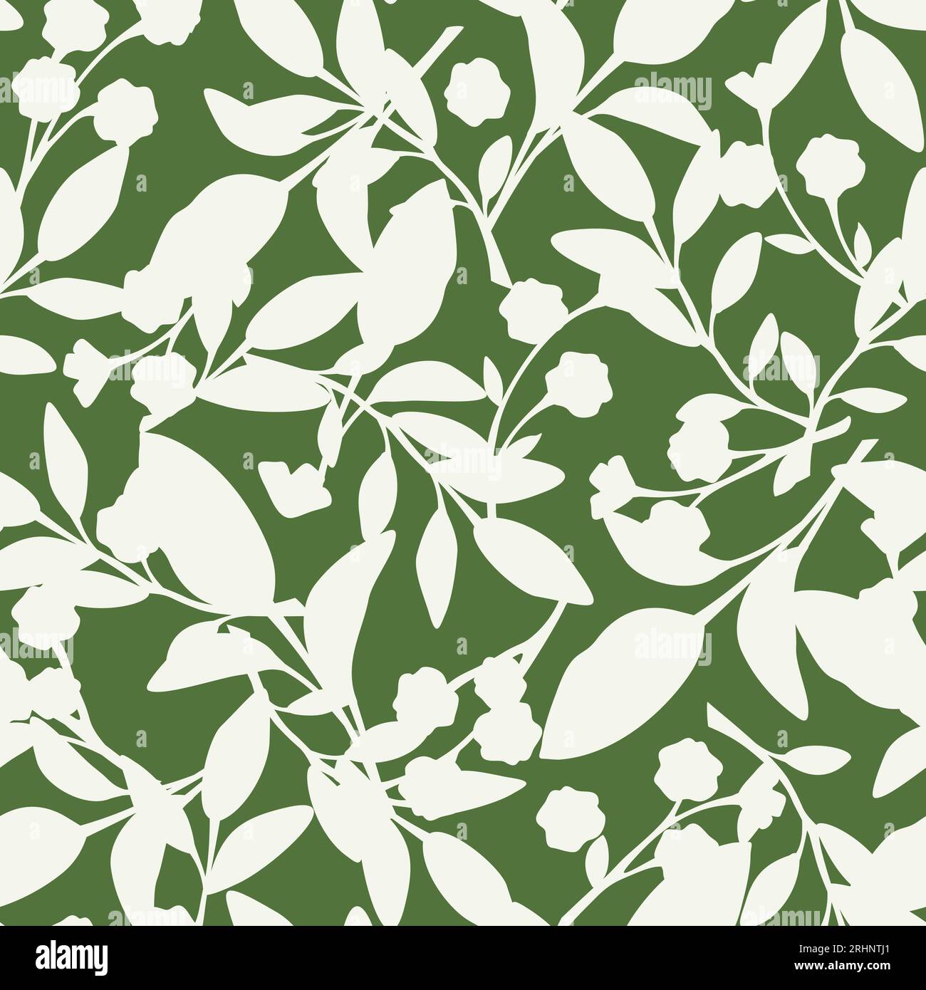 Floral pattern with white flowers and leaves silhouettes on a green ...