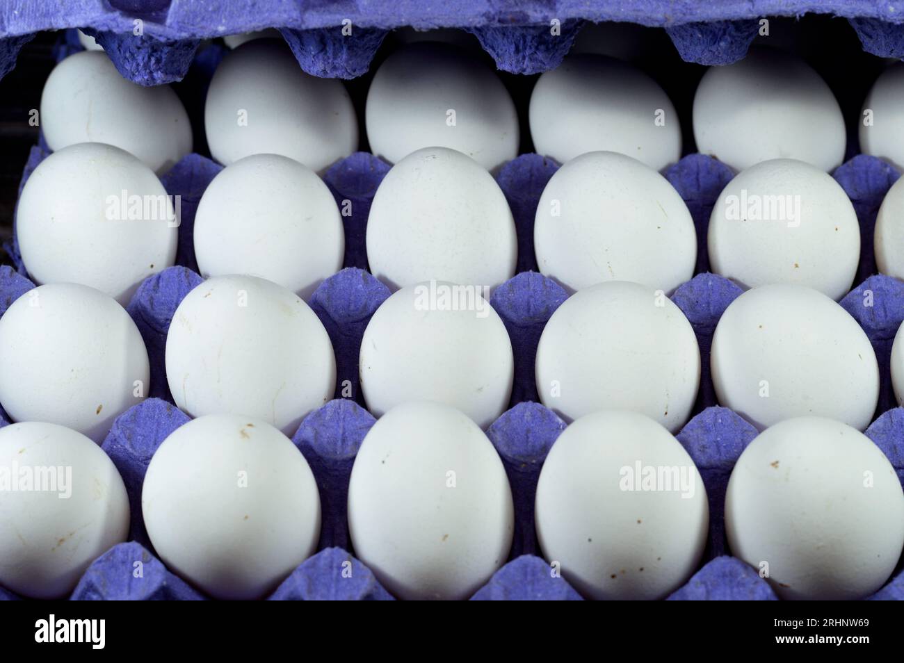 Pile of organic fresh and raw hen chicken white eggs, stack of eggs isolated and ready to be cooked in various cuisines, selective focus of eggs which Stock Photo