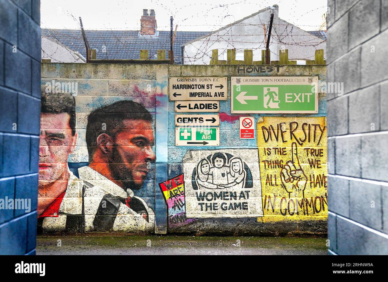 Diversity Mural, wall painting on the concourse, Women at the Game Mural during the Grimsby Town vs Salford City FC Sky Bet League 2 match at Blundell Park, Cleethorpes, United Kingdom on 15 August 2023 Credit: Every Second Media/Alamy Live News Stock Photo