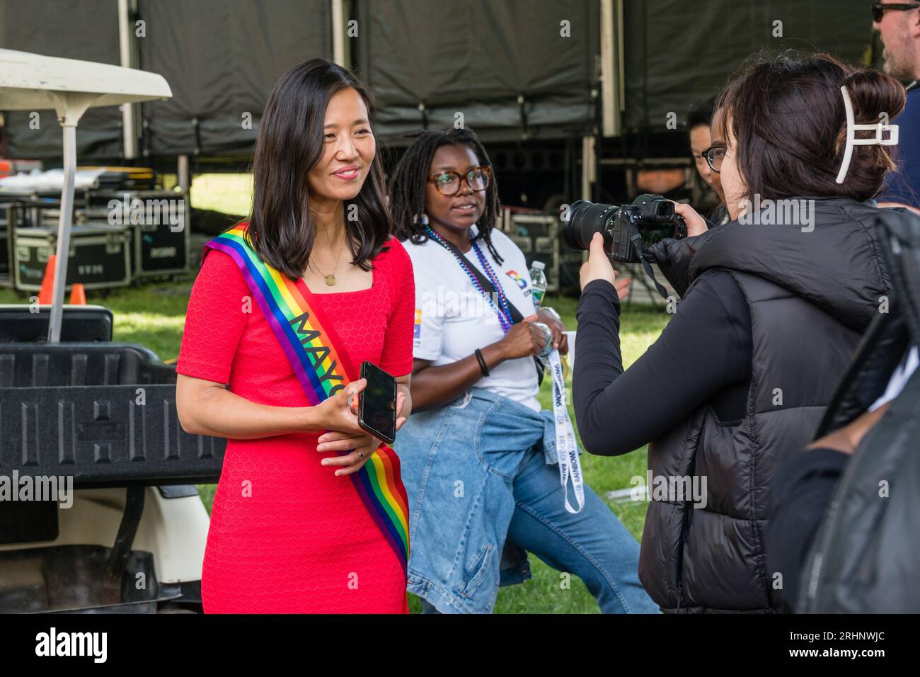 Boston, MA, US-June 10, 2023: Mayor Michelle Wu greeting members of the public. Stock Photo