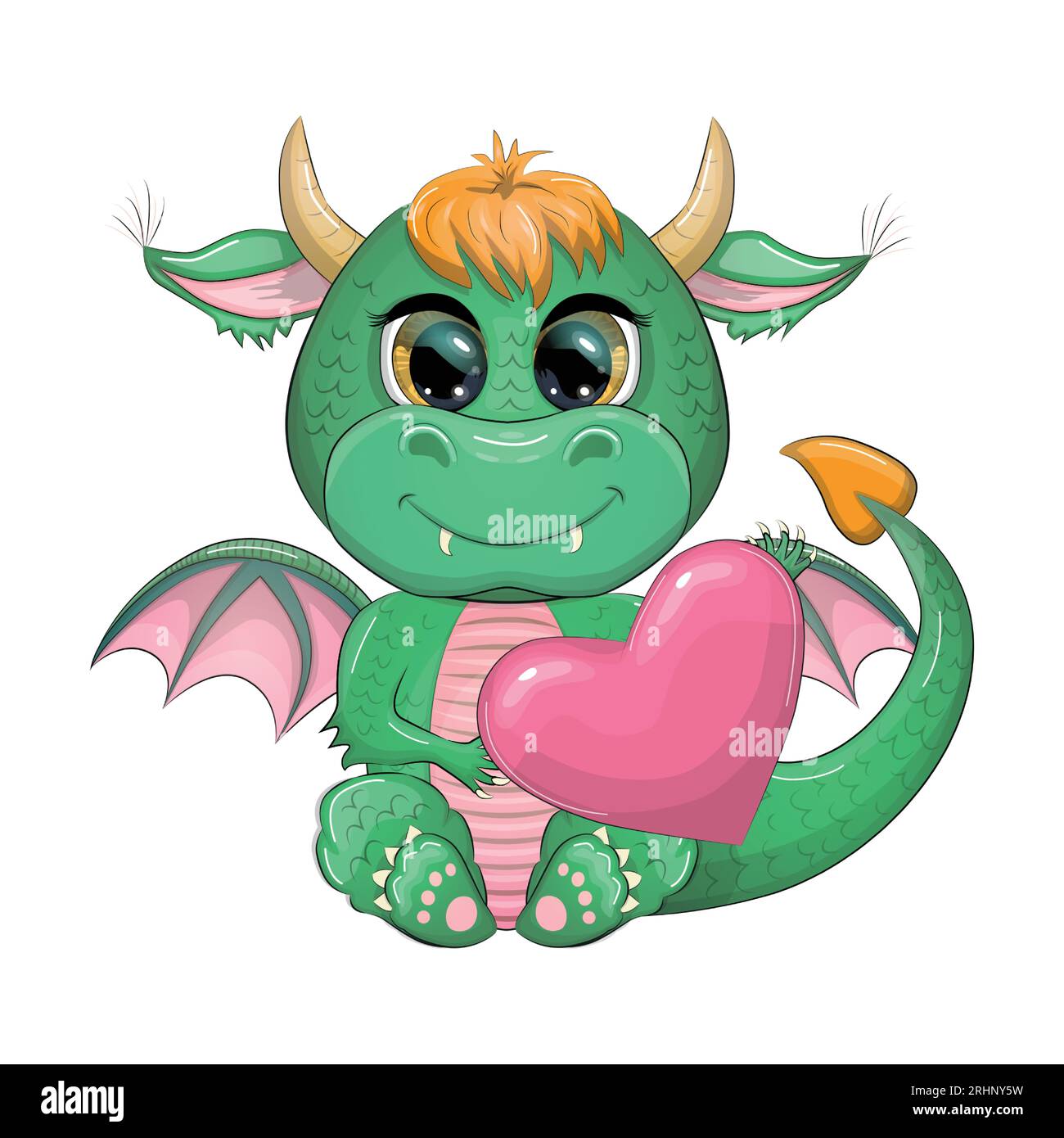 Cute cartoon green dragon with a heart, declaration of love