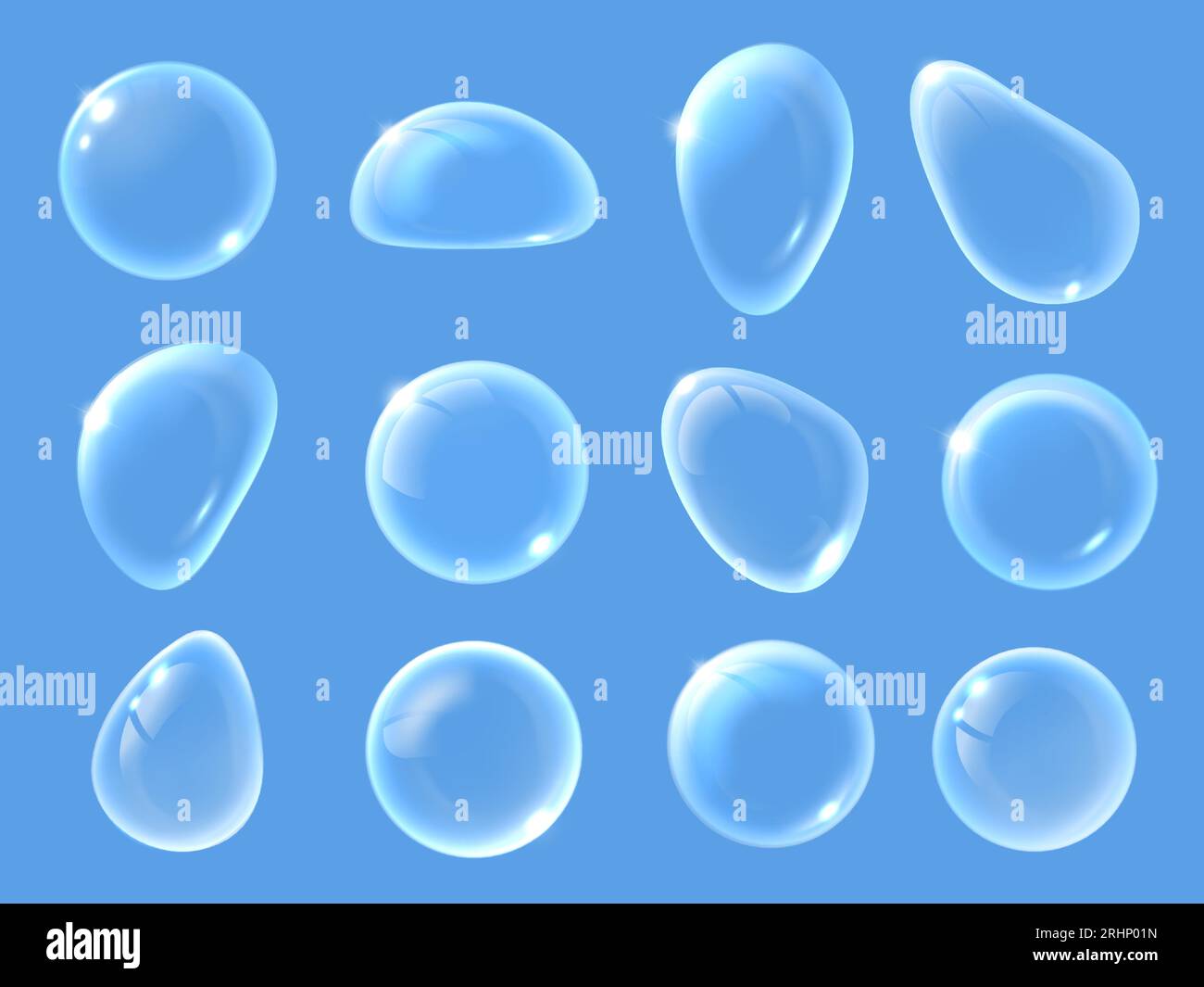 White soap bubbles. Close-up glassy and transparent water drops, abstract suds shapes and clean clear ball isolated macro vector illustration set Stock Vector