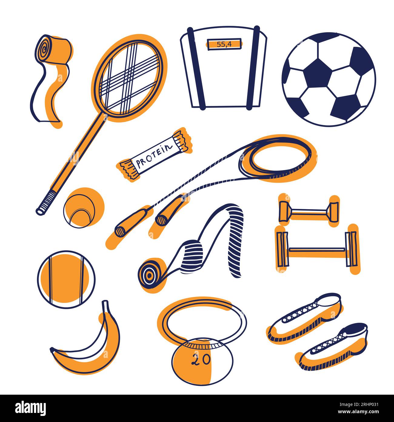 Set of vector illustrations. Tennis racket, jump rope, balls, sneakers, kettlebell, protein bar and banana drawn in dark blue Stock Vector