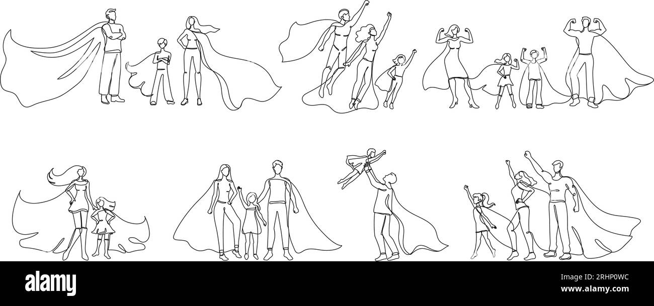 Continuous one line superhero family. Heroic parents with super kids wear hero capes vector illustration set Stock Vector