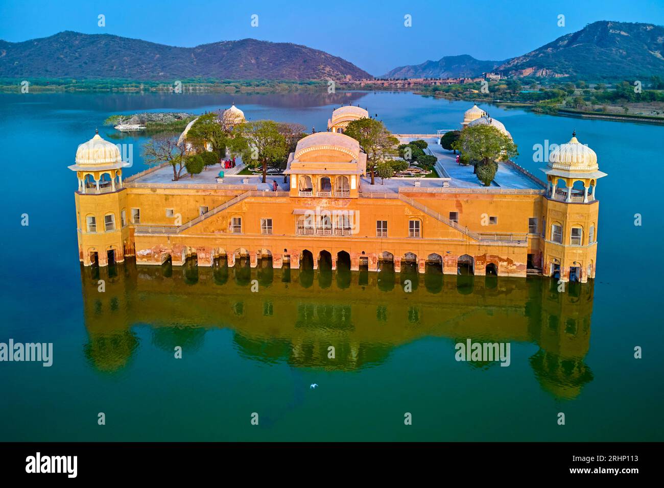 India, state of Rajasthan, Jaipur, listed as World Heritage by UNESCO, Man Sagar Lake, aerial view of the Jal Mahal palace (aerial view), the summer p Stock Photo