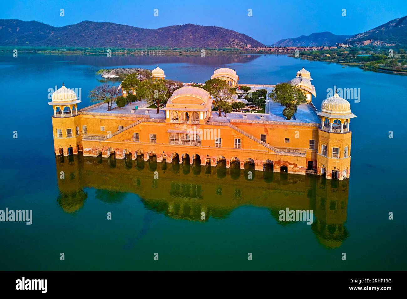 India, state of Rajasthan, Jaipur, listed as World Heritage by UNESCO, Man Sagar Lake, aerial view of the Jal Mahal palace (aerial view), the summer p Stock Photo