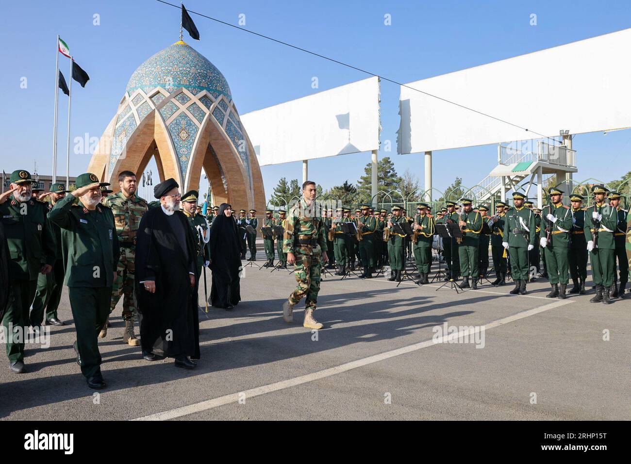 Tehran, Iran. 18th Aug, 2023. Iranian president EBRAHIM RAISI (4L) and IRGC commander-in-chief HOSSEIN SALAMI (2L) attend during a meeting with high-ranking commanders and members of Iran's Islamic Revolution Guards Corps (IRGC). The Islamic Revolutionary Guard Corps, also called Sepah or Pasdaran, is a multi-service primary branch of the Iranian Armed Forces. It was officially established by Ruhollah Khomeini as a military branch in May 1979, in the aftermath of the Islamic Revolution. Whereas the Iranian Army protects the country's sovereignty in a traditional capacity, the IRGC's constitut Stock Photo