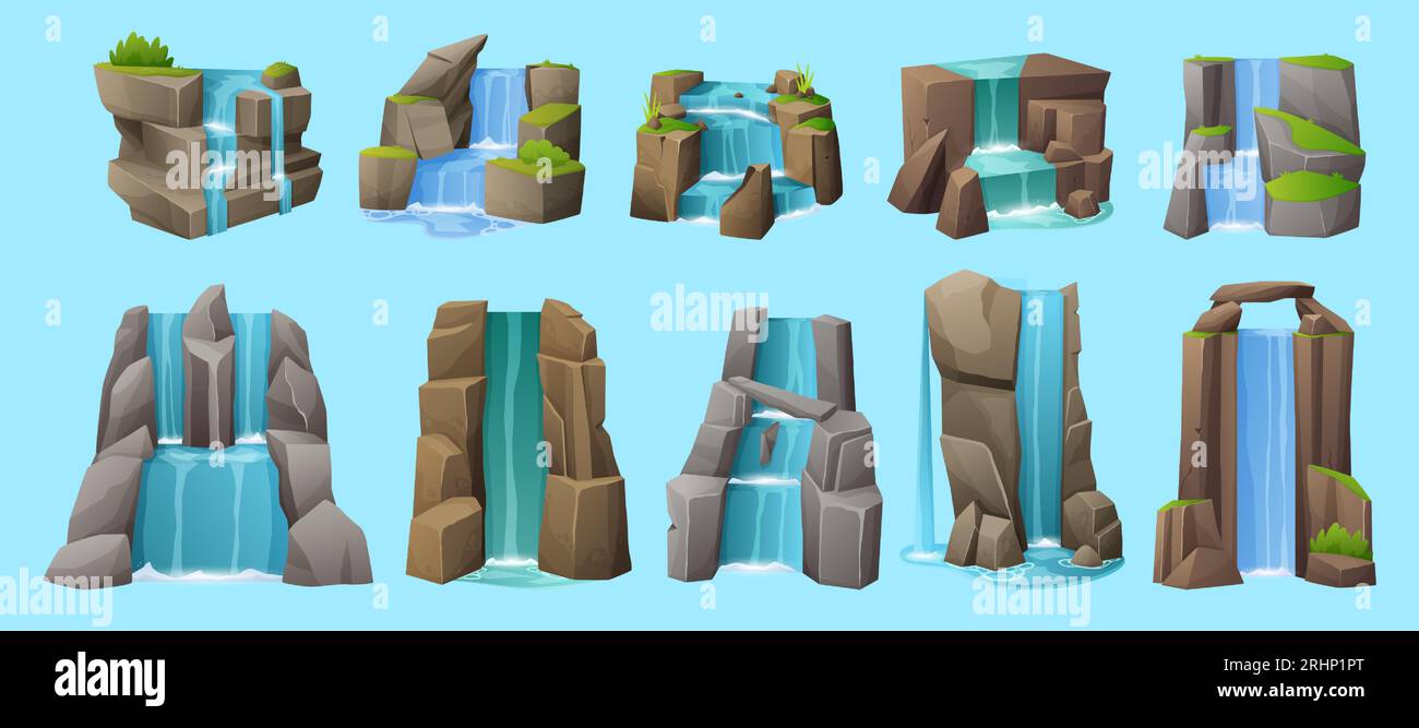 Waterfall set. Water cascade stream on stones, cartoon scenic river flow on cliff natural tropical paradise panorama. Vector isolated collection Stock Vector